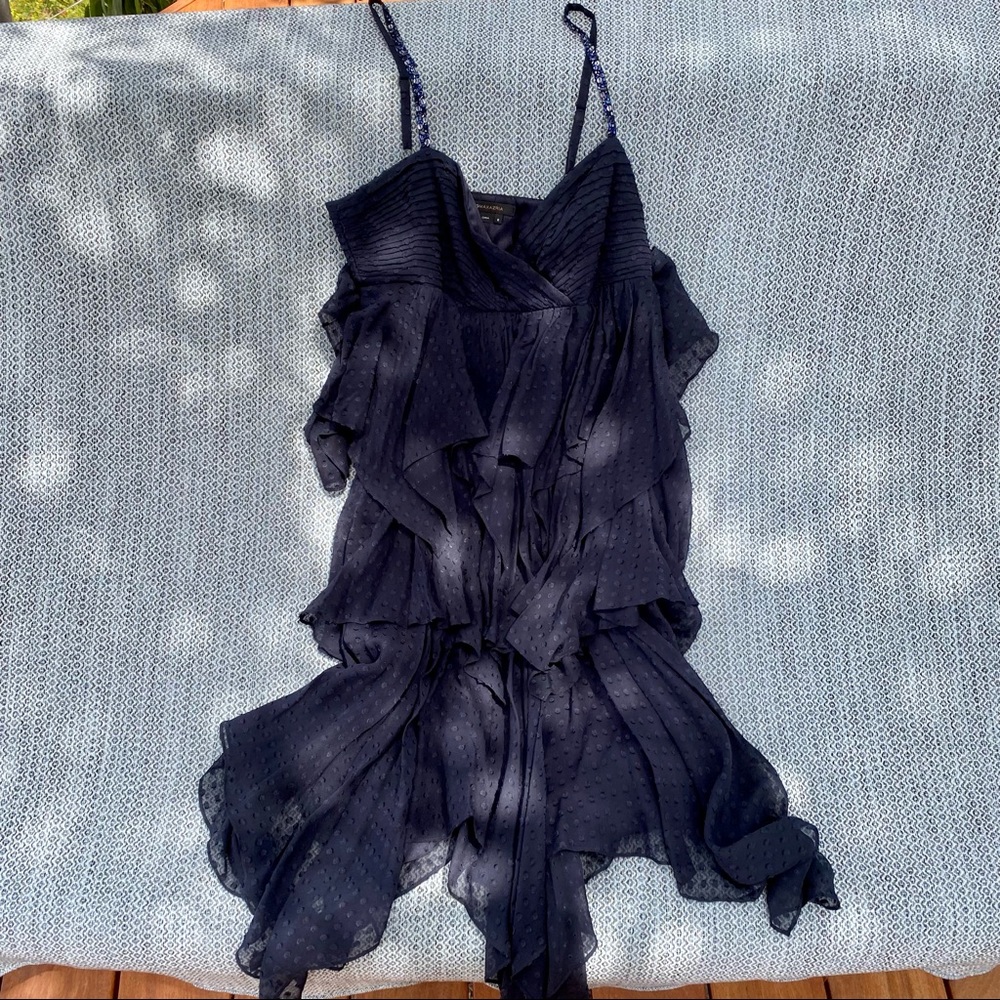 BCBG Maxazria Navy Blue Silk Dress Tiered Ruffles